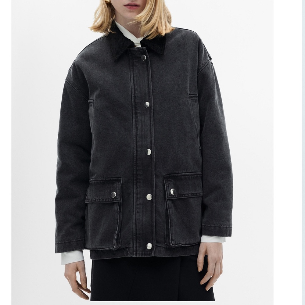 Mango Oversize Black Denim Jacket With Corduroy Collar